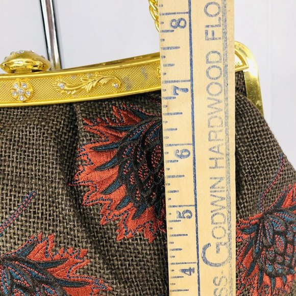 LouLou de la Falaise Brown and Red Embroidered Gold Frame Clutch Purse Bag - Picture 7 of 11